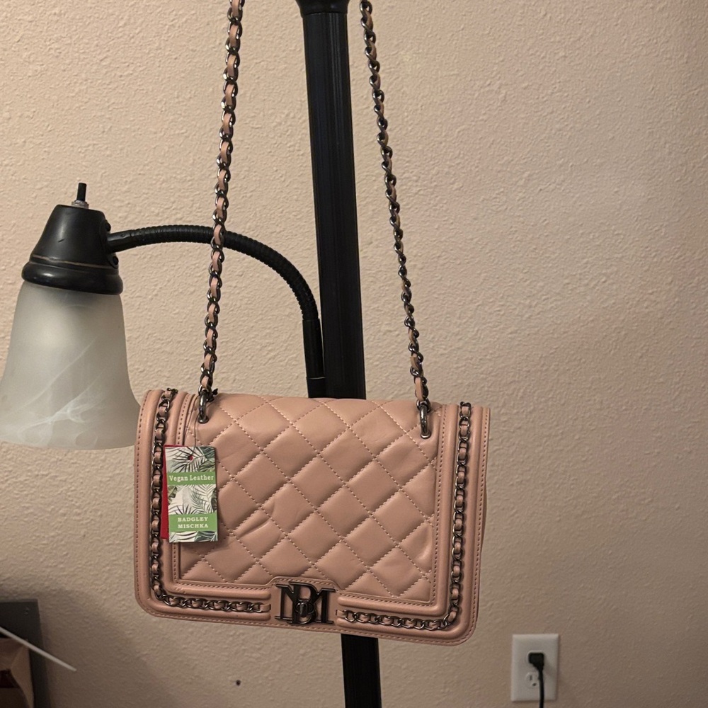 Badgley Mischka Vegan Leather Quilted Blush Shoulder Bag with Chain Strap NWT
